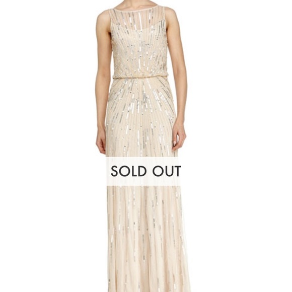 Aidan Mattox Champagne Gold Sunburst Illusion Neckline Gown Dress - Picture 4 of 14